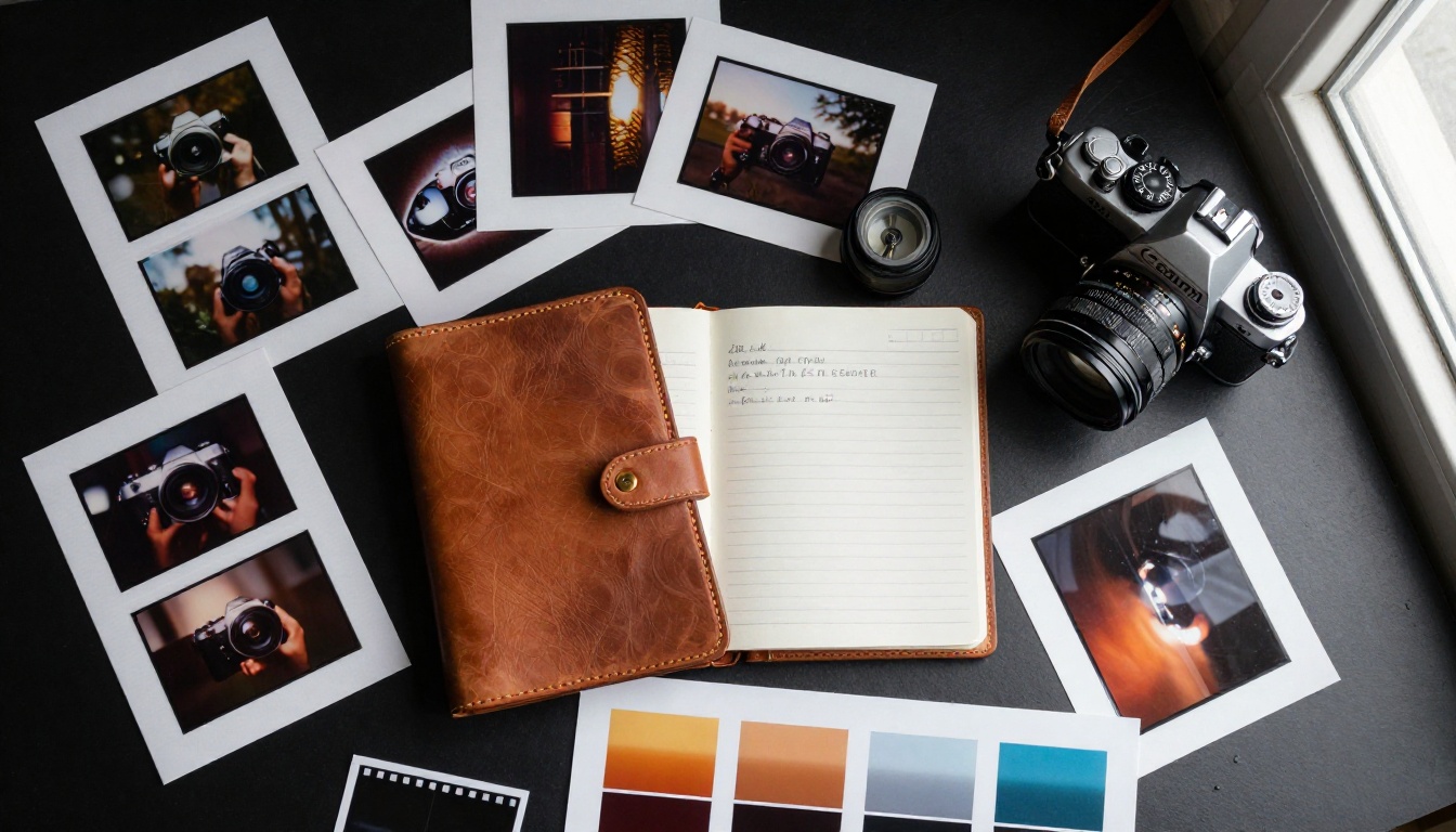 Overhead flat-lay of a photography workspace with film negatives and notes