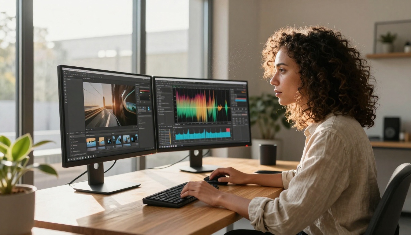 Woman working at standing desk with editing software visible on monitor
