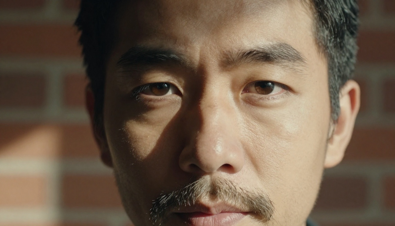 Close-up portrait with natural skin imperfections and asymmetric features