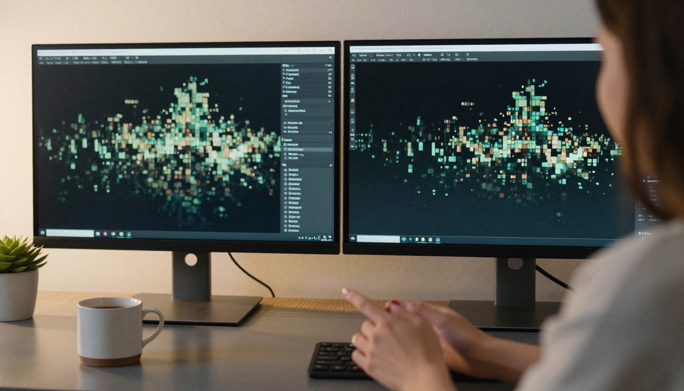 AI upscaling comparison showing before and after quality on dual monitors