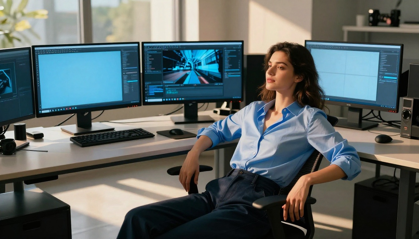 Beautiful woman in modern creative studio surrounded by large digital display monitors