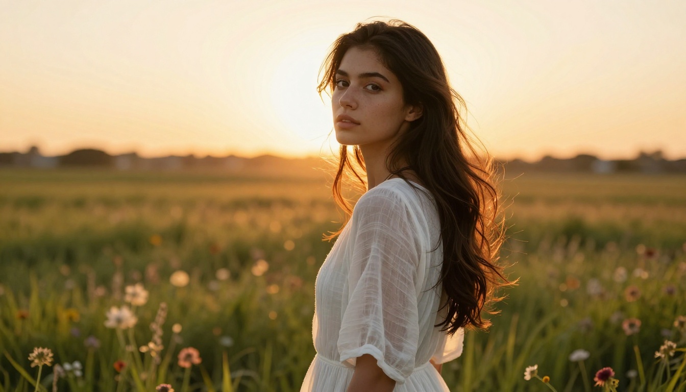Beautiful woman in outdoor golden hour with backlit halo and soft natural colors