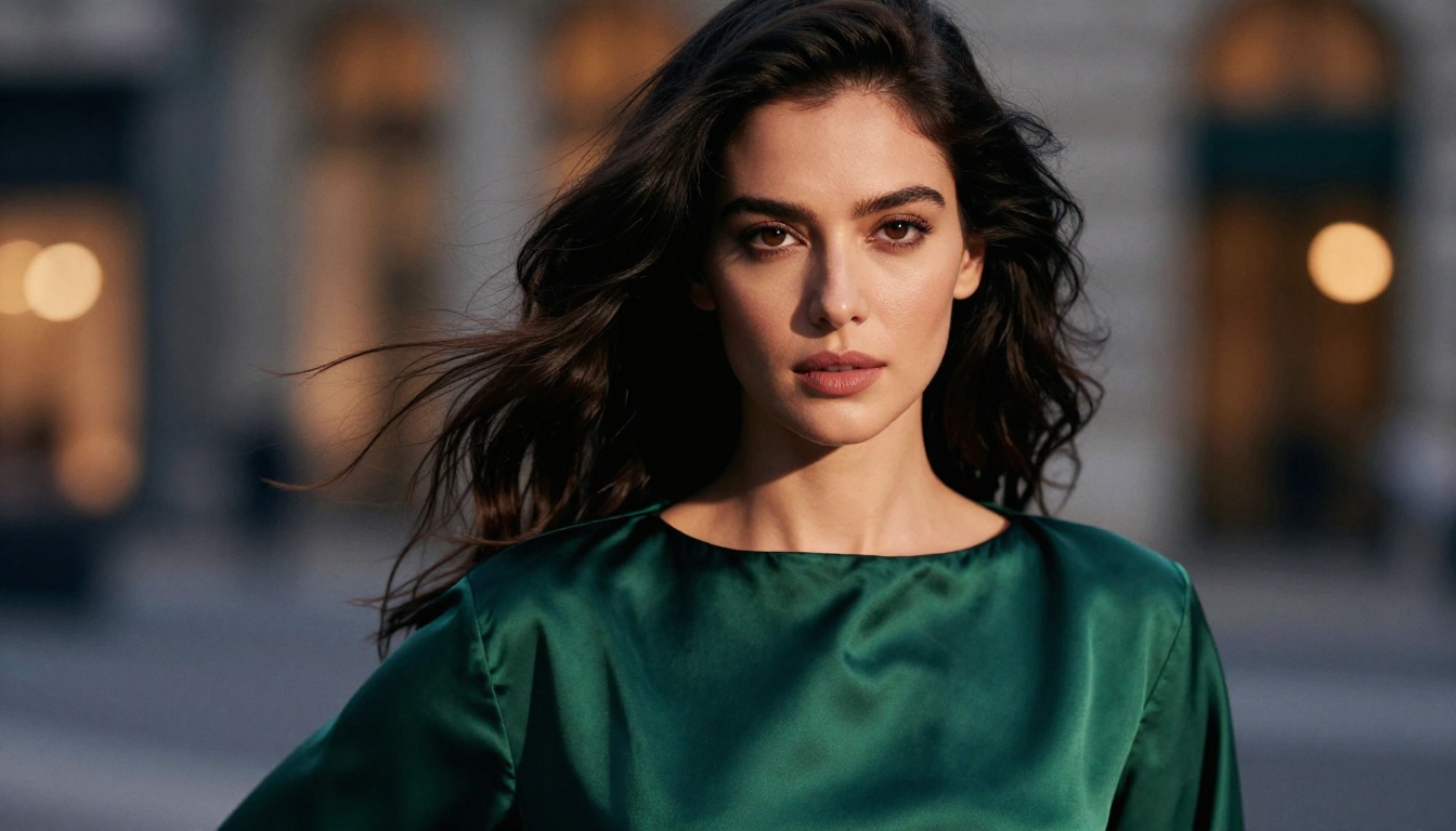 Dramatic cinematic portrait with emerald silk blouse and editorial lighting