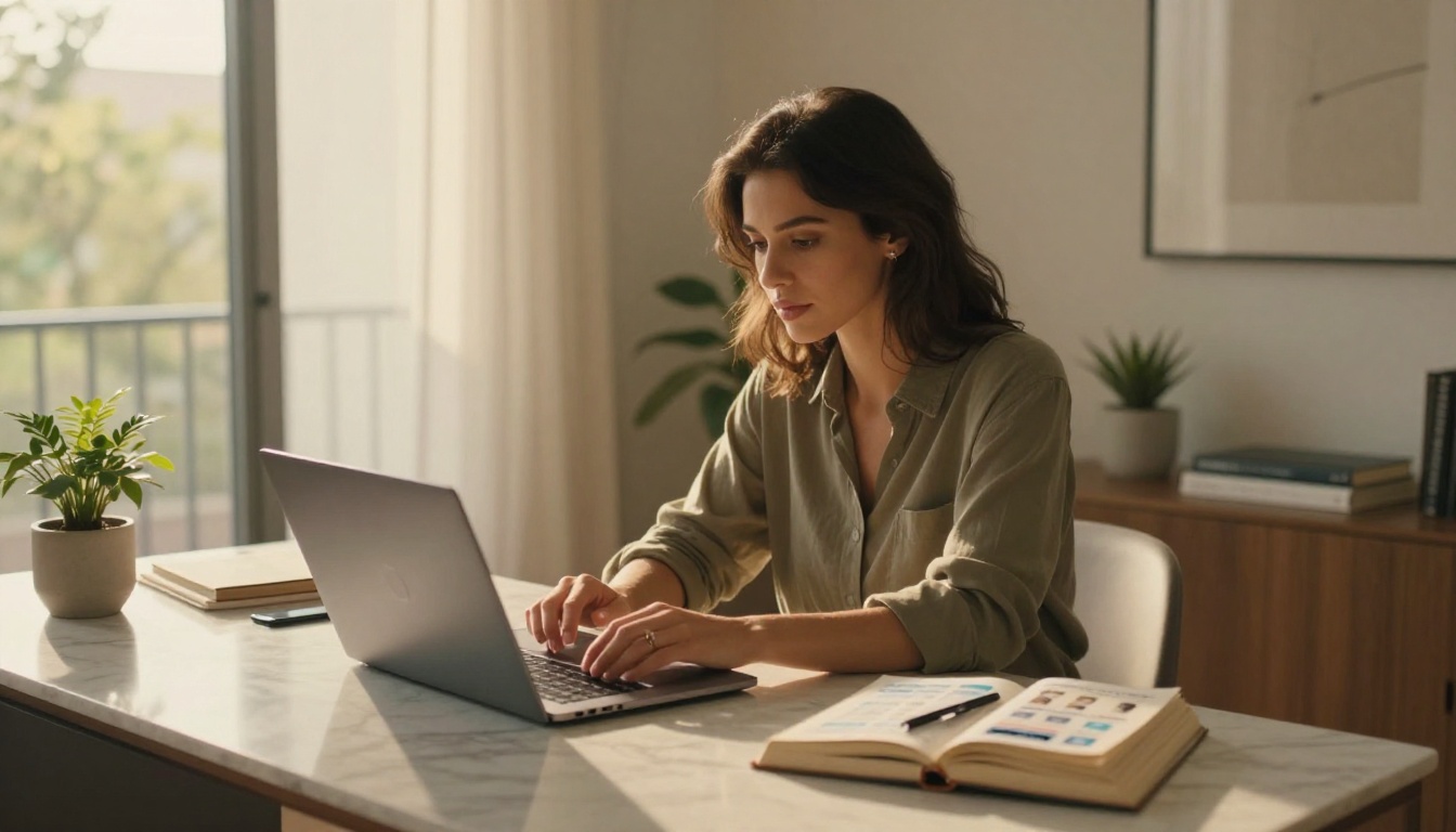 Woman comparing AI companion apps on laptop
