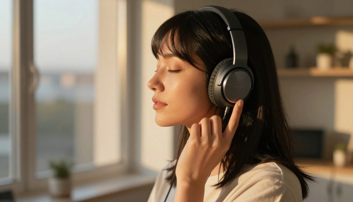 Woman with headphones experiencing AI voice generation