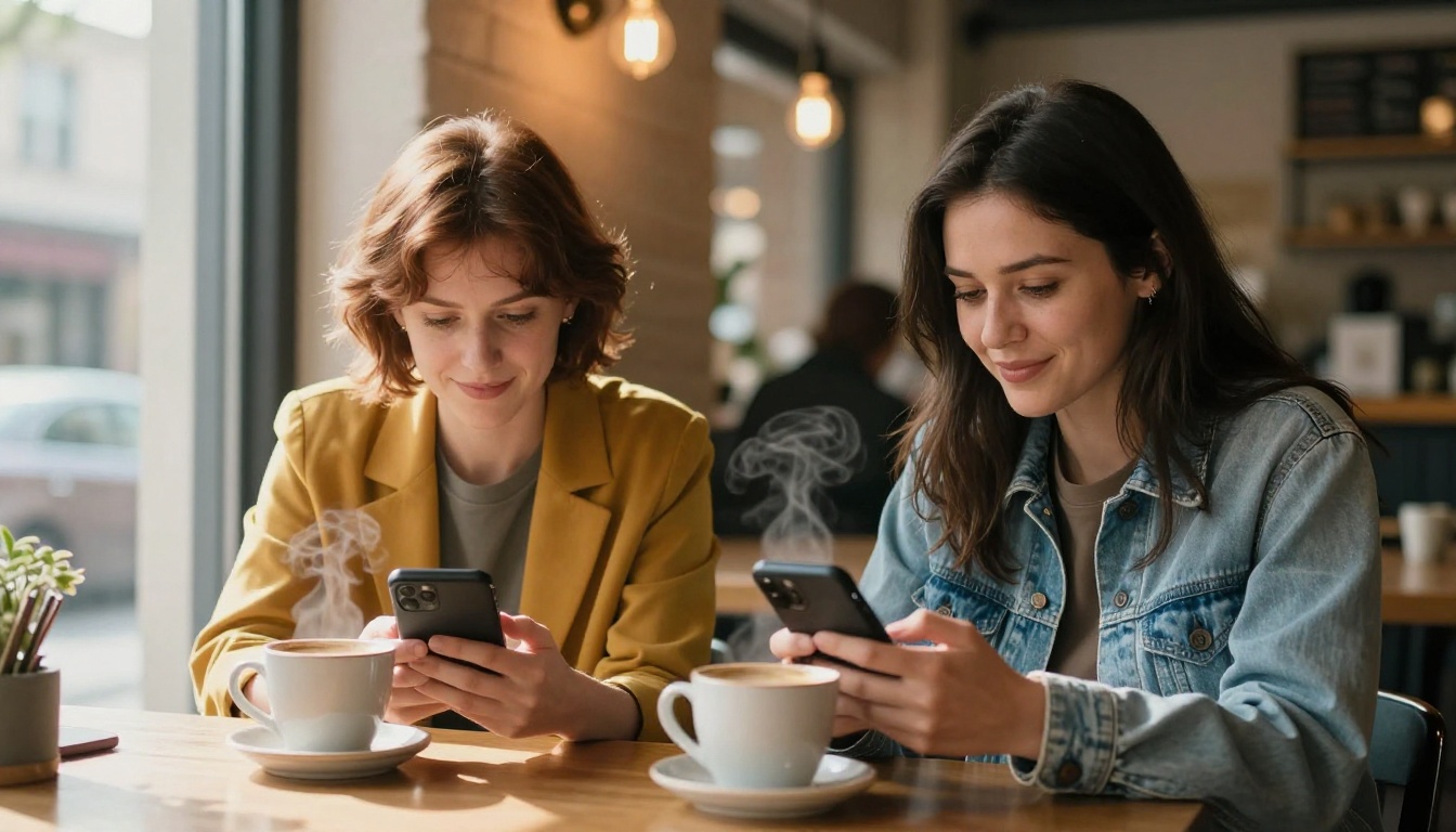 Two women at a coffee shop laughing and looking at their phones together