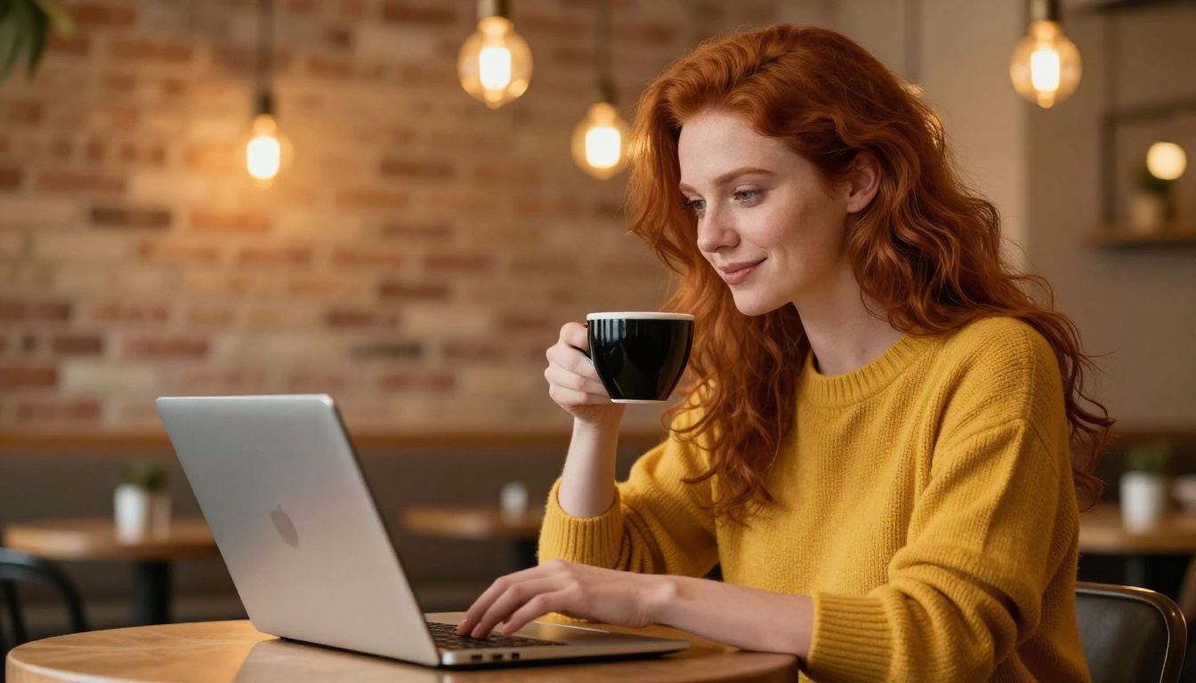 Woman at café with laptop representing the freedom to choose your own AI tools