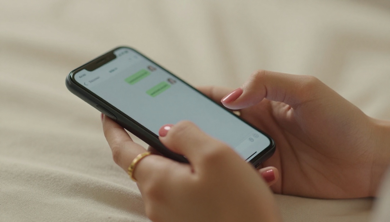 Close-up of a woman's hands holding a smartphone, fingers ready to type