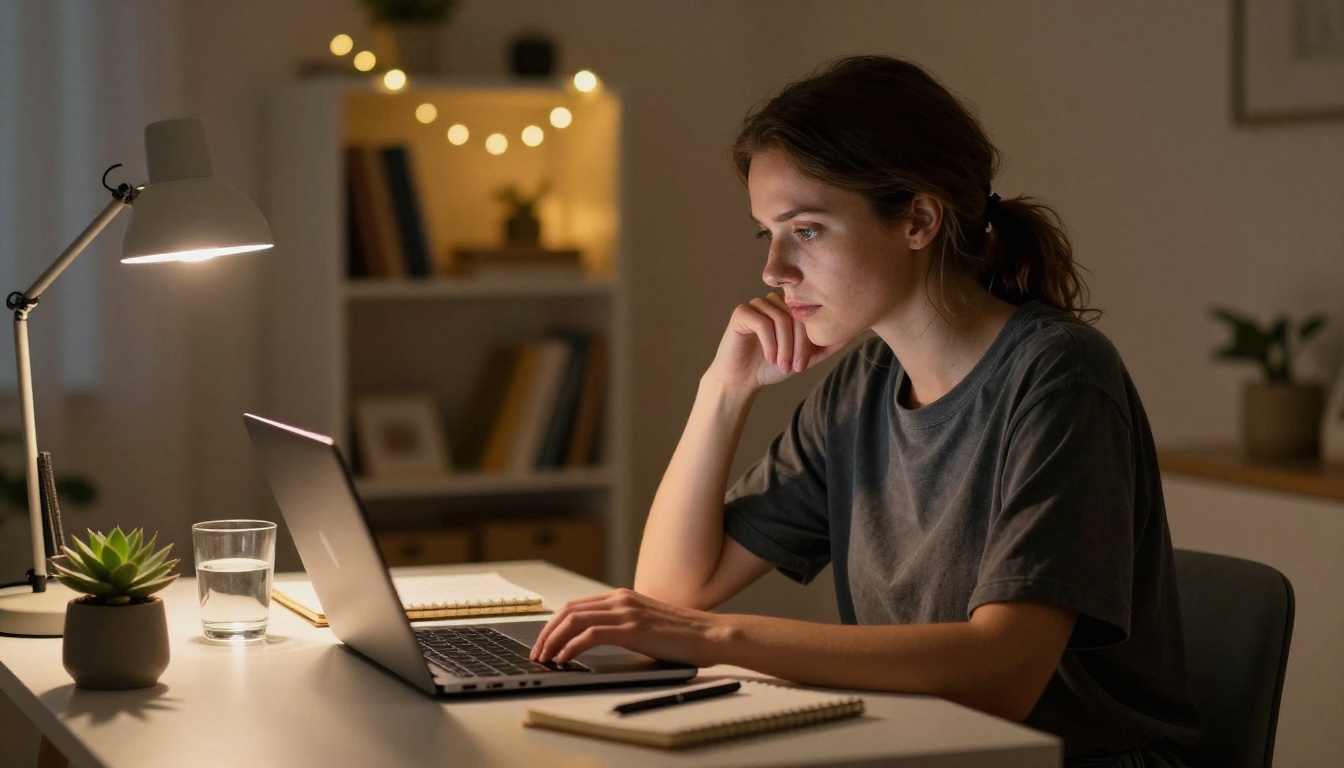 A woman sitting at her home desk in the evening working on her laptop