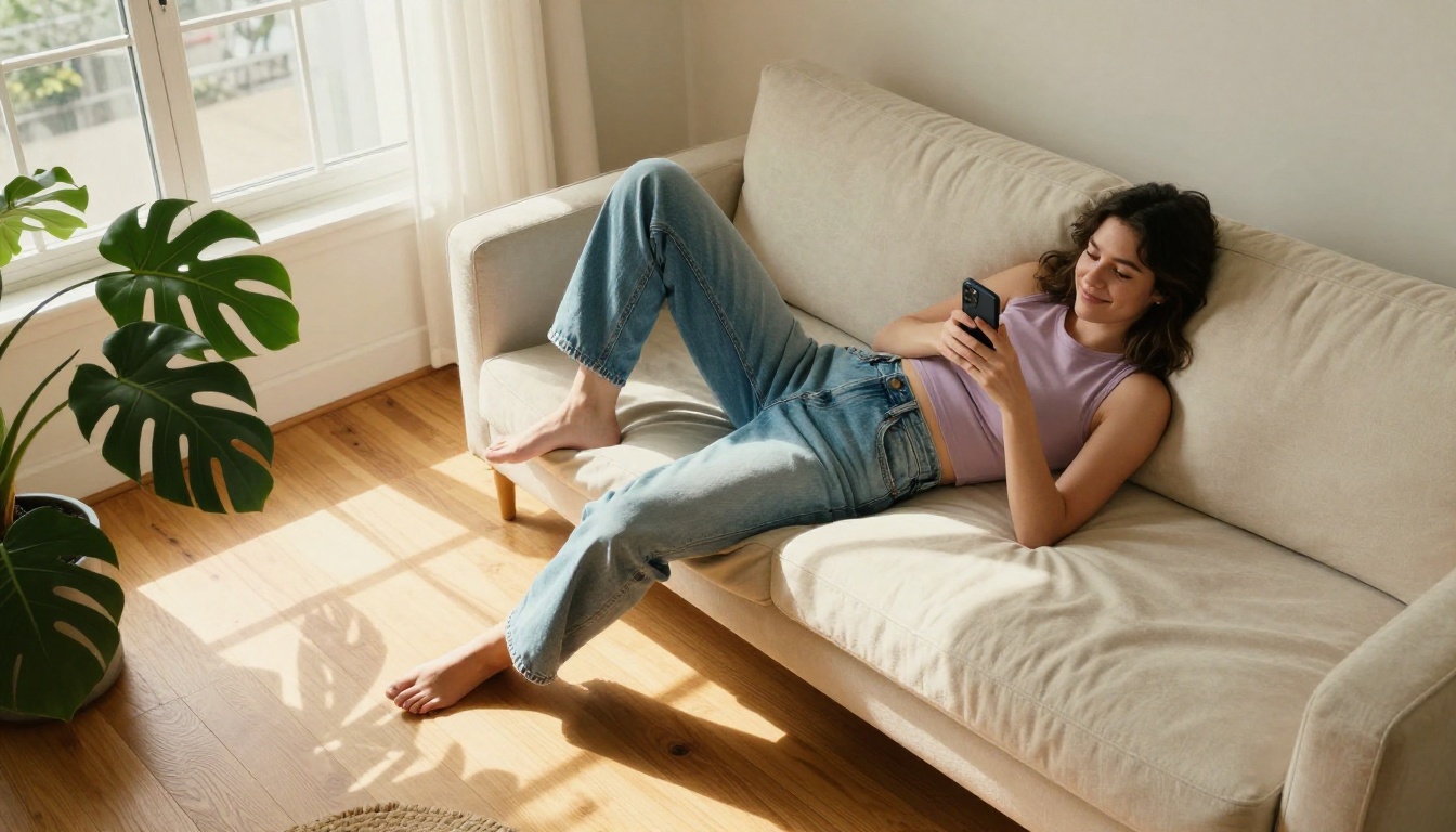 A woman lying on a couch casually scrolling her phone with a relaxed smile, afternoon light