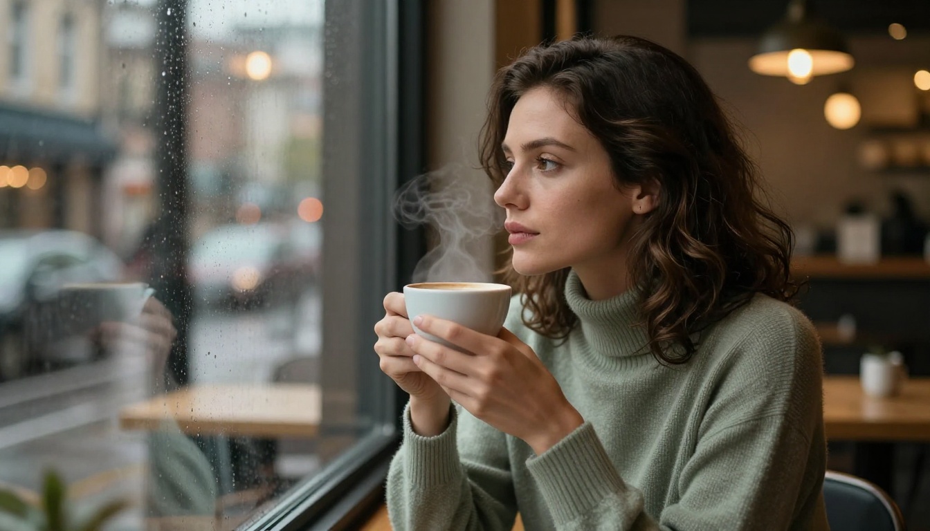 A woman sitting alone by a cafe window with a coffee cup, looking thoughtful