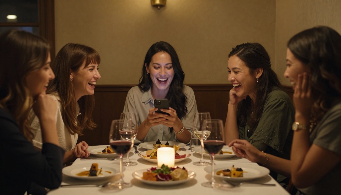 A group of three women laughing together at a restaurant dinner, one holding up her phone