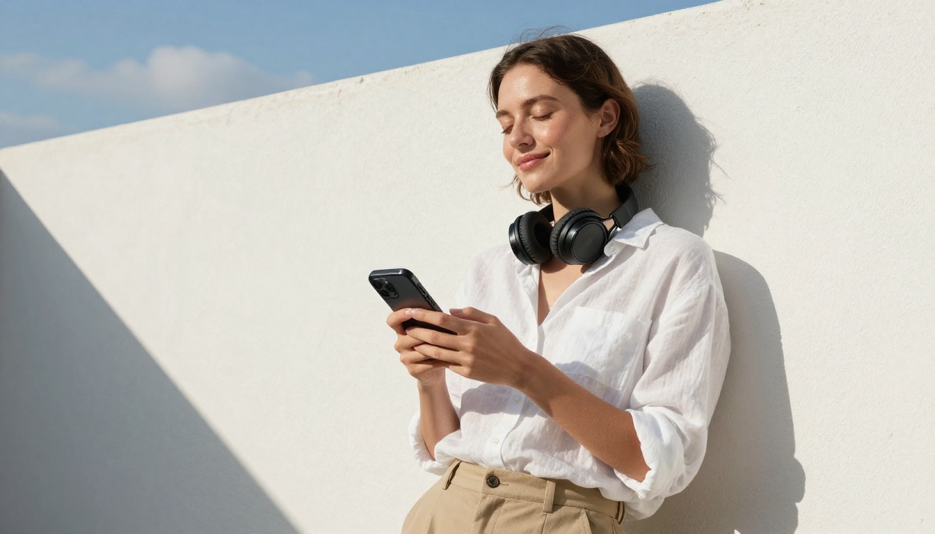A woman outdoors leaning against a white wall with eyes closed, headphones around her neck, peaceful expression