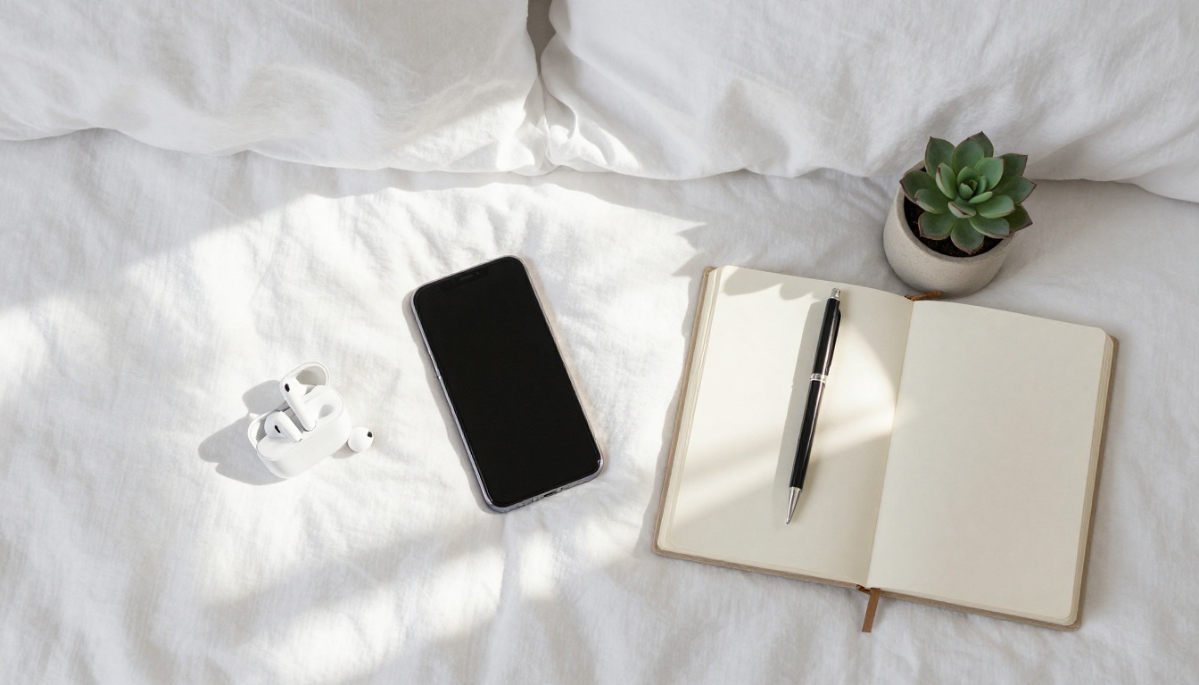 Overhead flat-lay of a personal space with a smartphone, journal, earbuds, and book arranged on white linen sheets