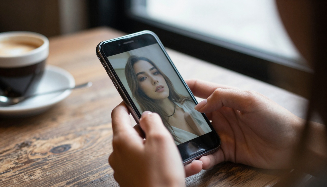 Young woman holding smartphone displaying a high-quality AI-generated portrait at a coffee shop