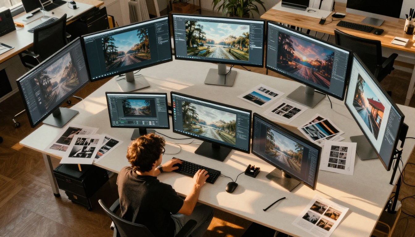 Aerial view of a creative studio workspace with multiple monitors displaying AI-generated images in various quality levels