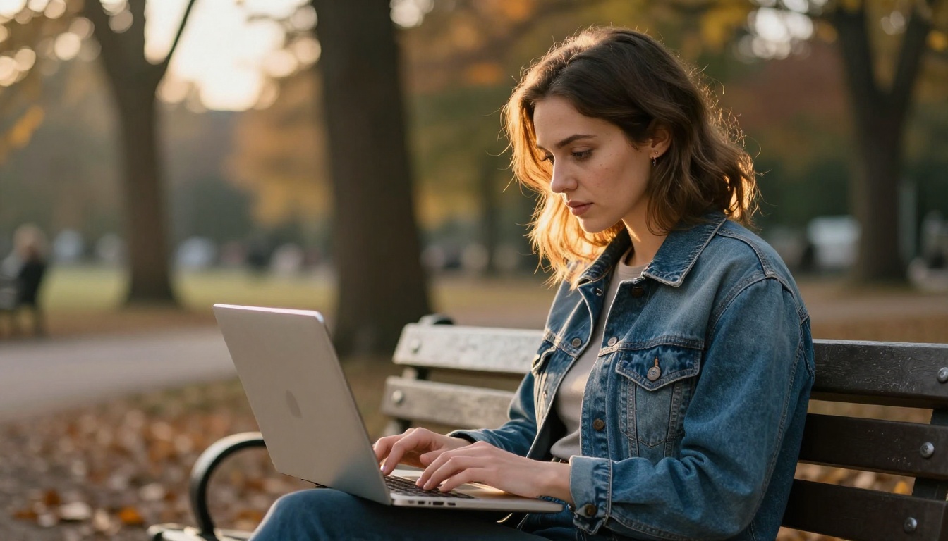 Woman photographer reviewing AI images on a laptop outdoors during golden hour in a park