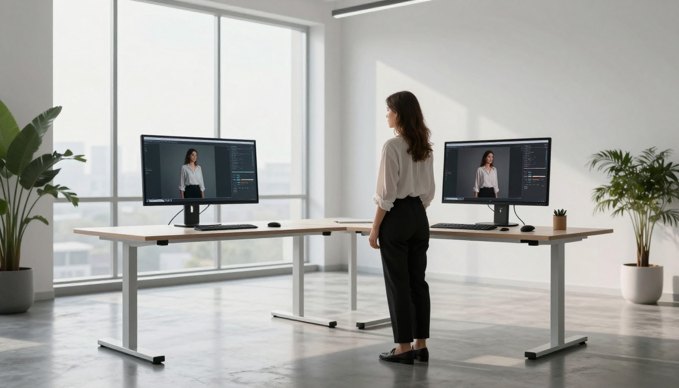 Creative professional comparing before and after AI upscaling results on dual monitors at a standing desk