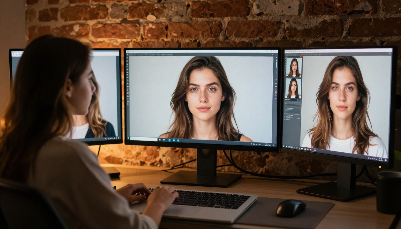 Confident content creator seated at a glass desk with AI portfolio displayed on studio monitors behind her