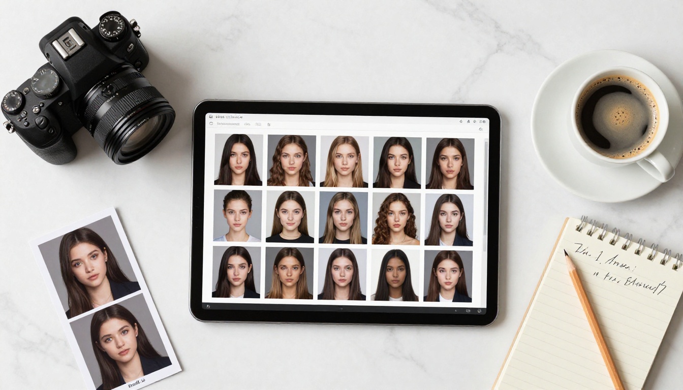 Overhead flat-lay of photography equipment and tablet showing AI-generated portrait grid on white marble