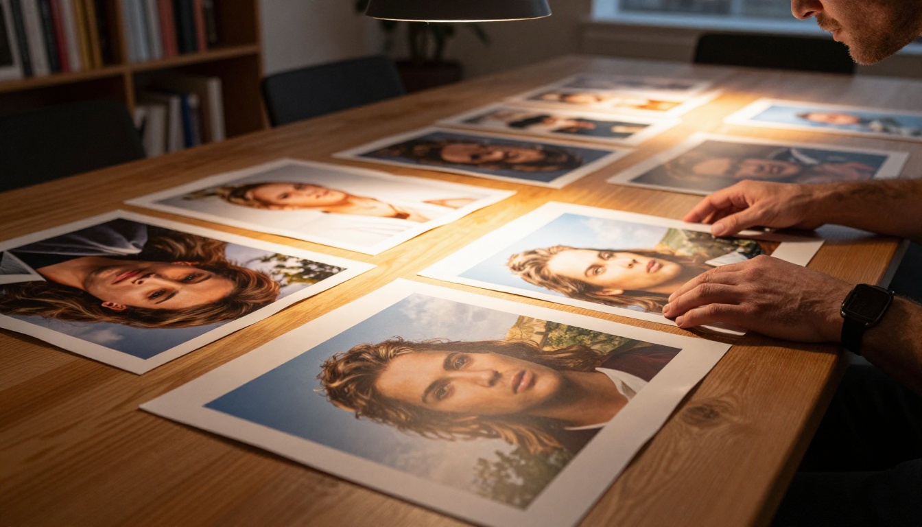 Designer carefully reviewing large-format AI-generated prints spread across an oak conference table