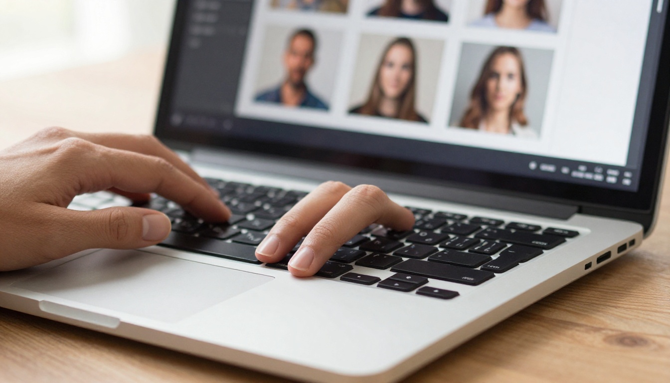 Hands typing on a silver laptop with AI image generation interface showing four photorealistic results on screen