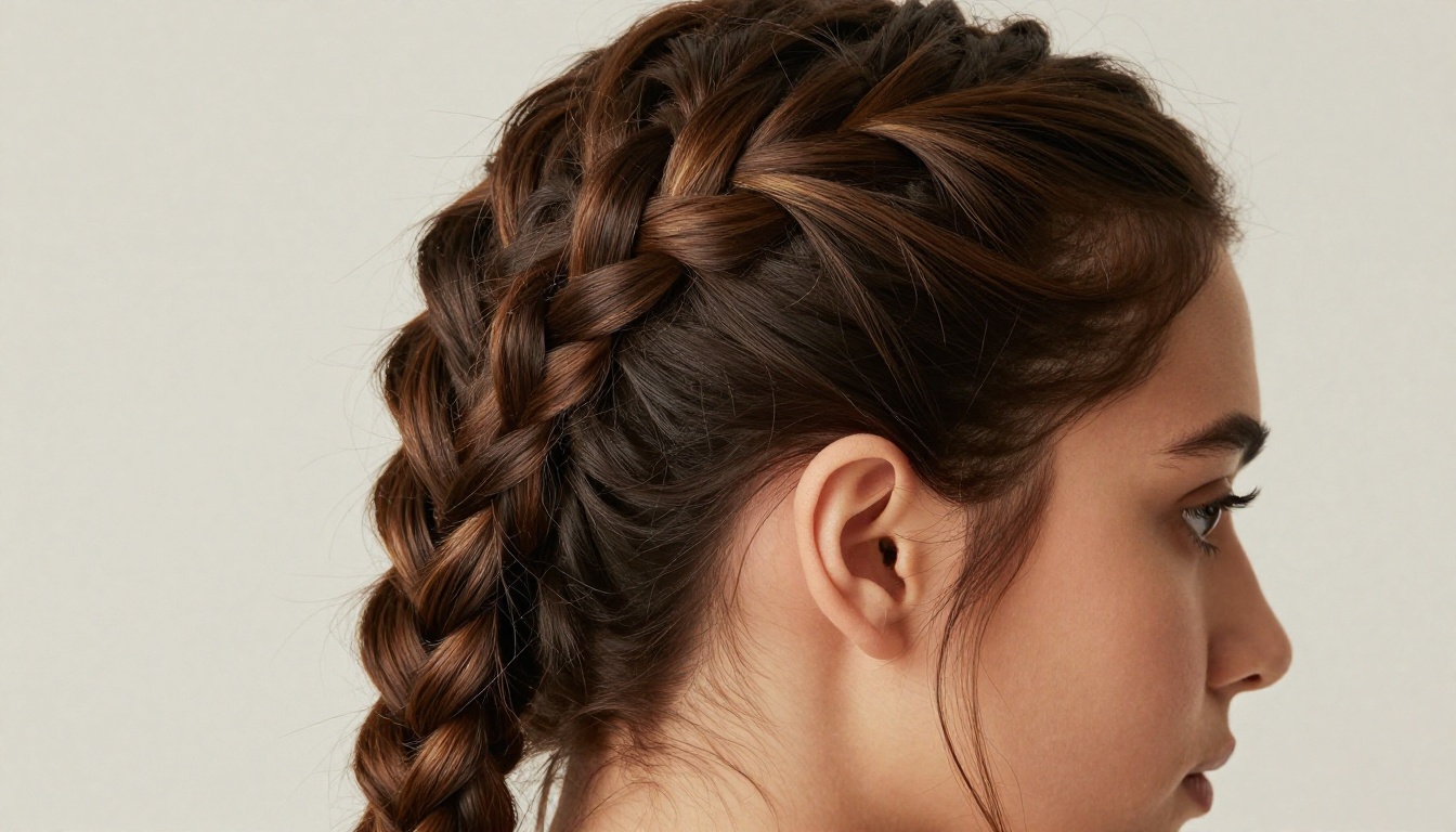 Side profile of intricate braided updo showing individual strand weave precision and shadow depth Side profile of intricate braided updo showing individual strand weave precision and shadow depth