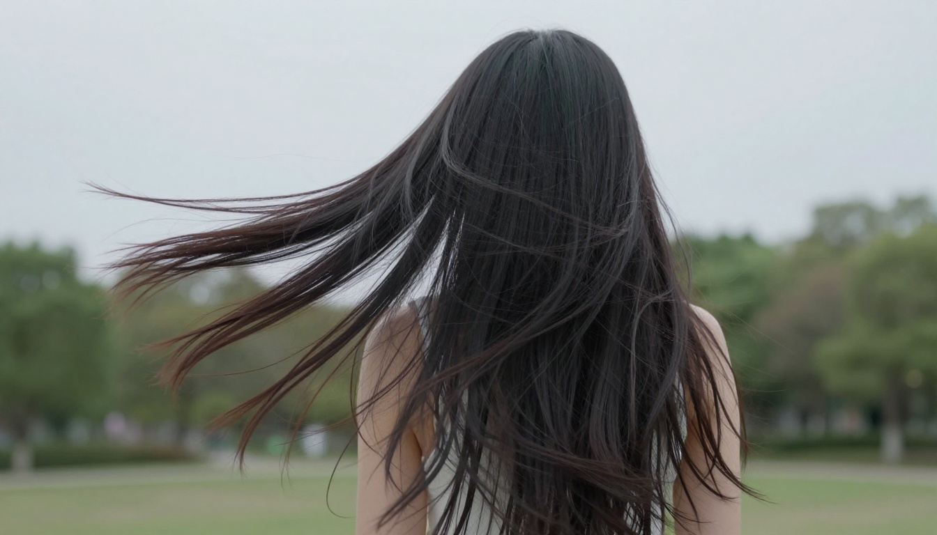 Low-angle shot of long straight black hair flowing in a gentle breeze with each strand naturally separated Low-angle shot of long straight black hair flowing in a gentle breeze with each strand naturally separated