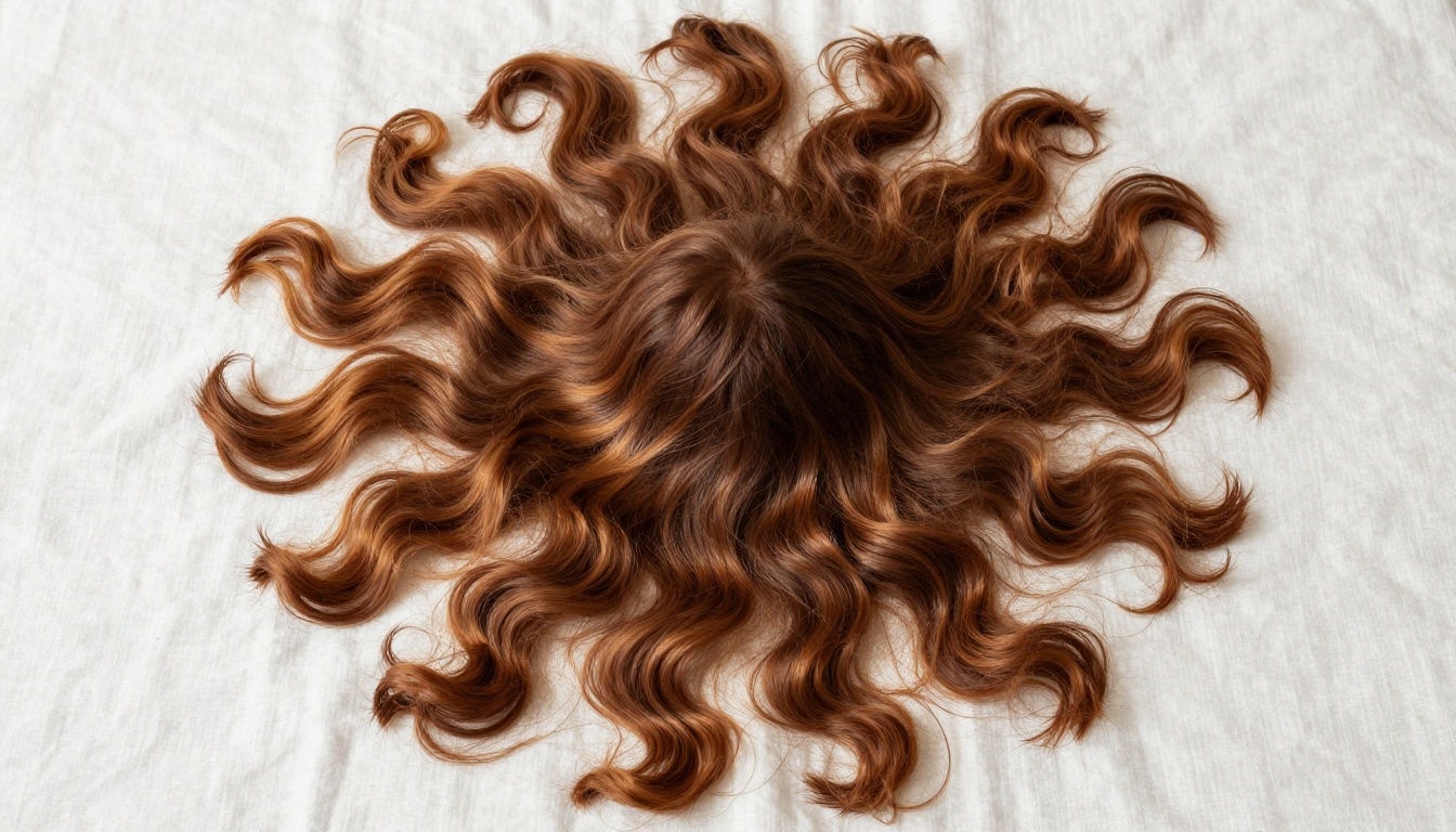 Aerial bird's-eye view of voluminous wavy chestnut hair spread on white linen showing natural wave and strand patterns Aerial bird's-eye view of voluminous wavy chestnut hair spread on white linen showing natural wave and strand patterns