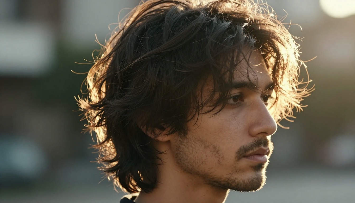 Dramatic backlit portrait of a man with tousled dark hair showing golden rim light glowing through individual strands Dramatic backlit portrait of a man with tousled dark hair showing golden rim light glowing through individual strands