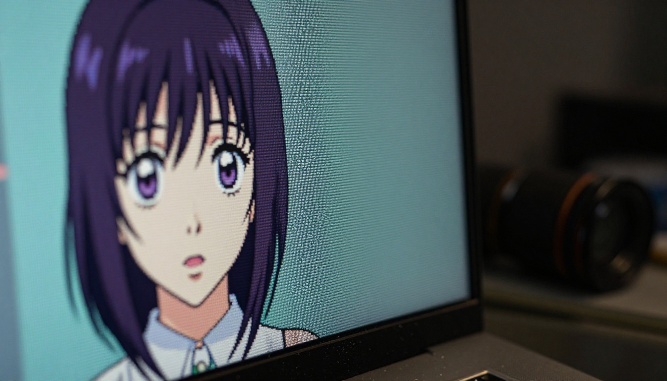 AI upscaling split-screen comparison showing pixelated versus sharp anime artwork on monitor