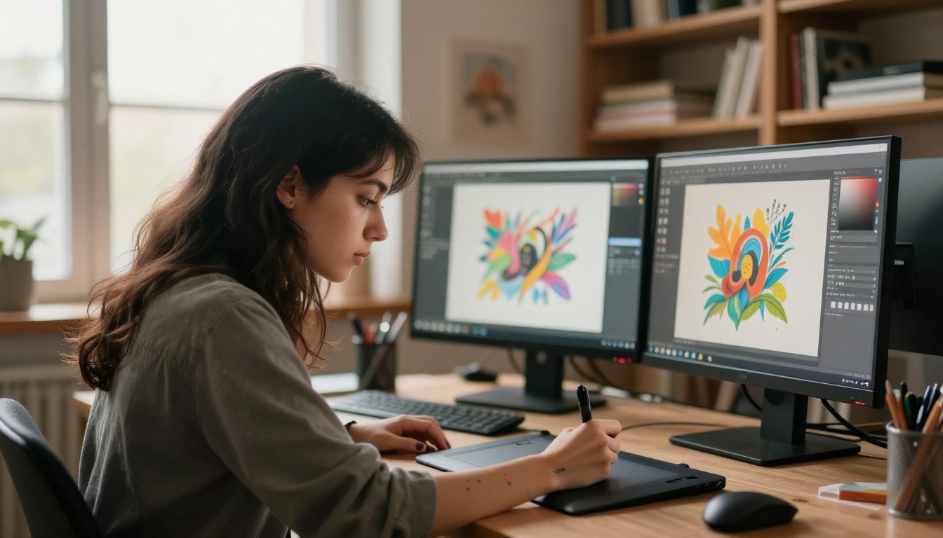 Artist at digital workstation drawing on a Wacom tablet with dual monitors