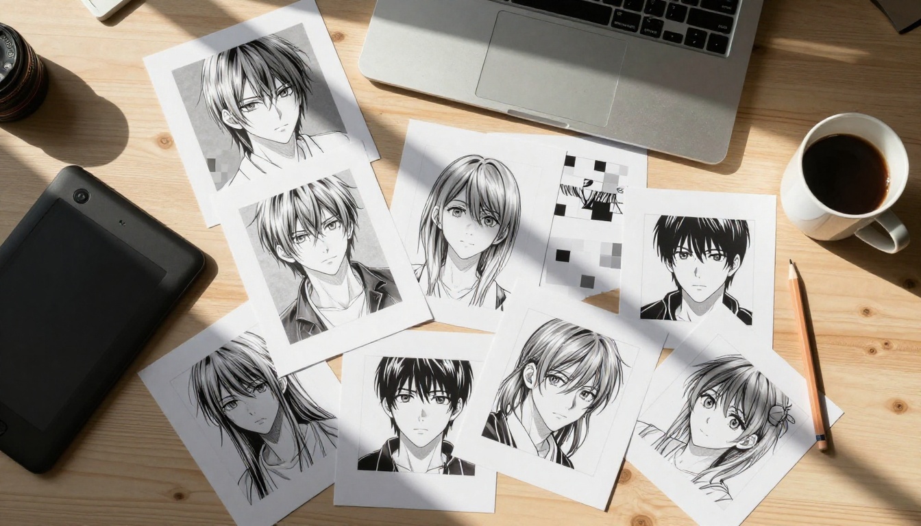 Overhead flat-lay of anime fan art prints spread across a wooden desk
