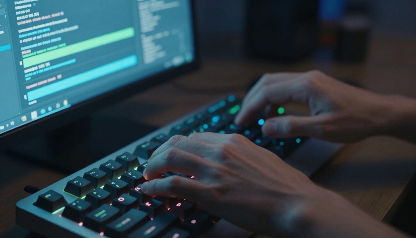 Hands on a mechanical keyboard with AI upscaling software interface reflected on keys