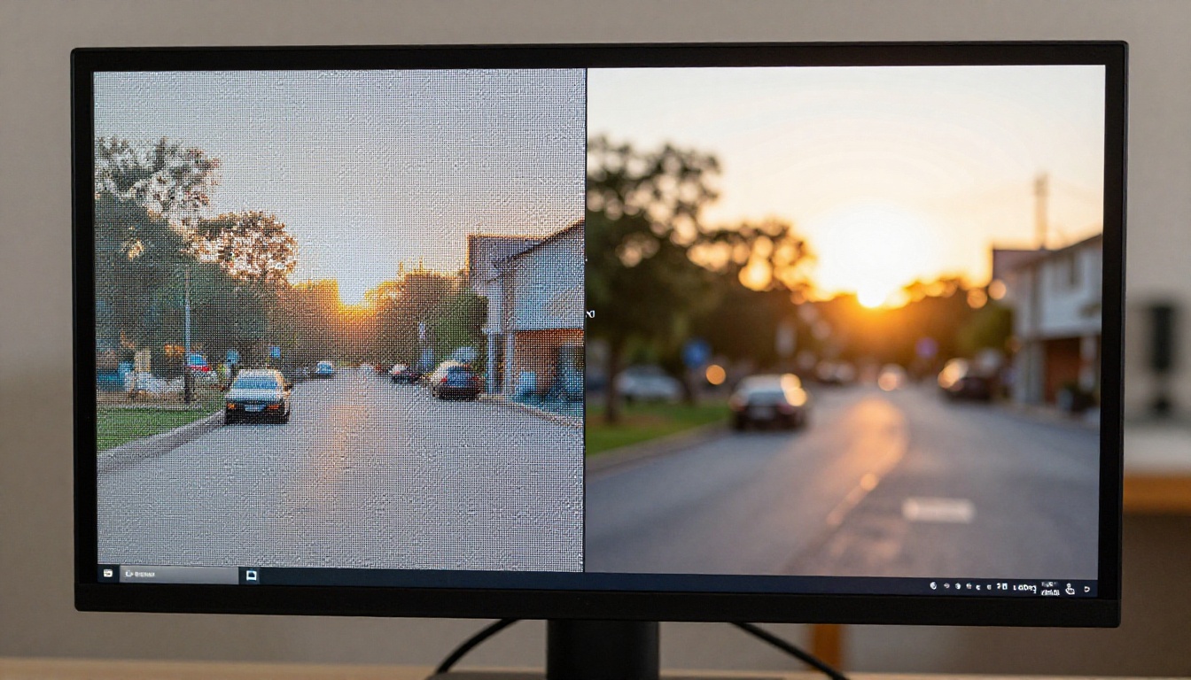 Monitor showing split-screen AI upscaling comparison with golden hour side lighting