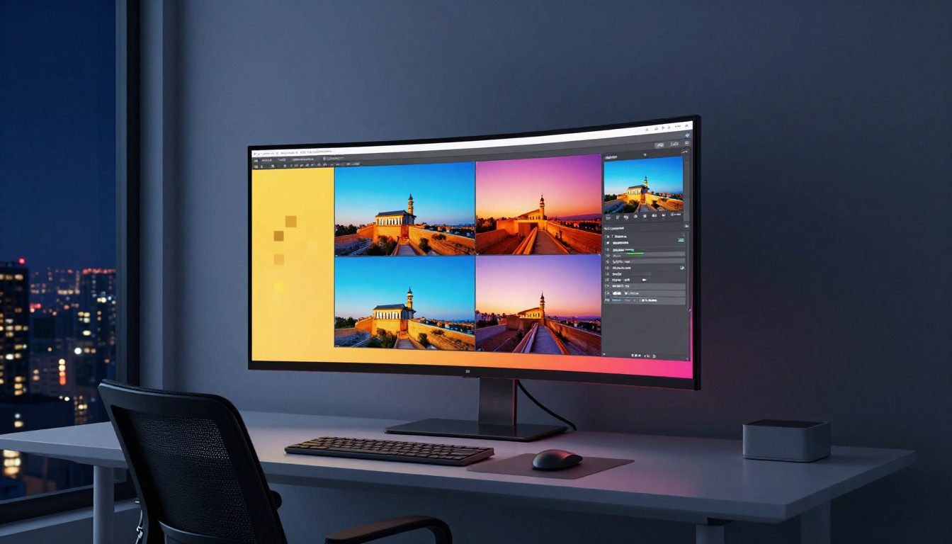 Modern home office at night with monitor glowing from AI processing application