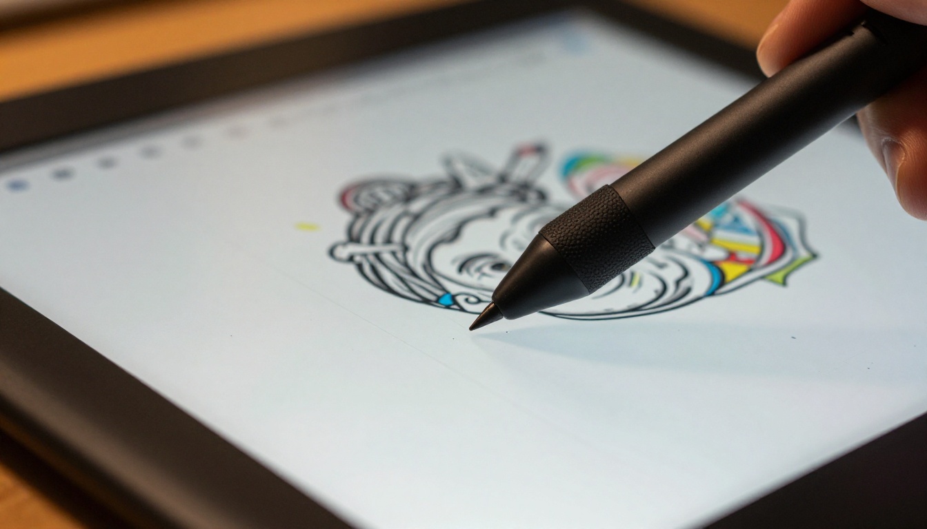 Close-up of a Wacom graphics tablet stylus with colorful artwork on the screen
