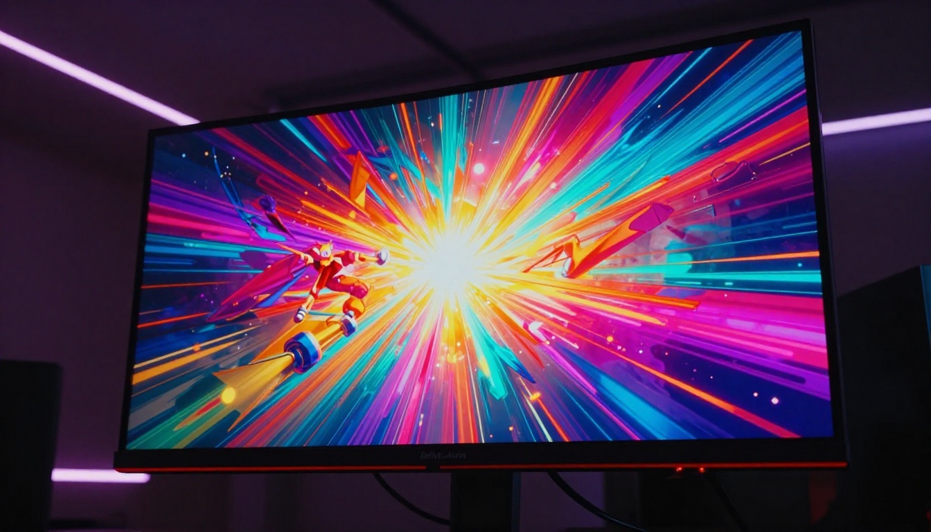 Low-angle dramatic shot looking up at a gaming monitor with vibrant enhanced artwork