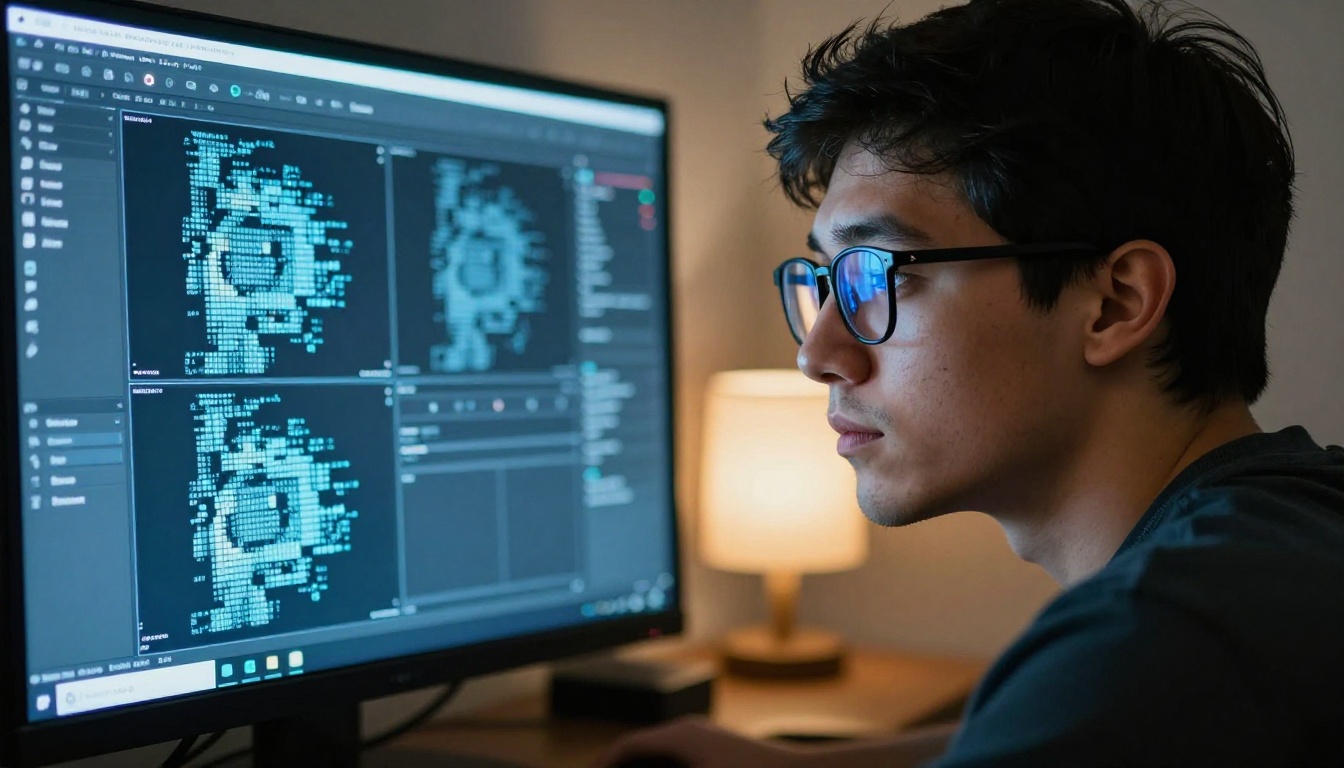 Portrait of focused man with glasses with screen light reflecting, AI software visible