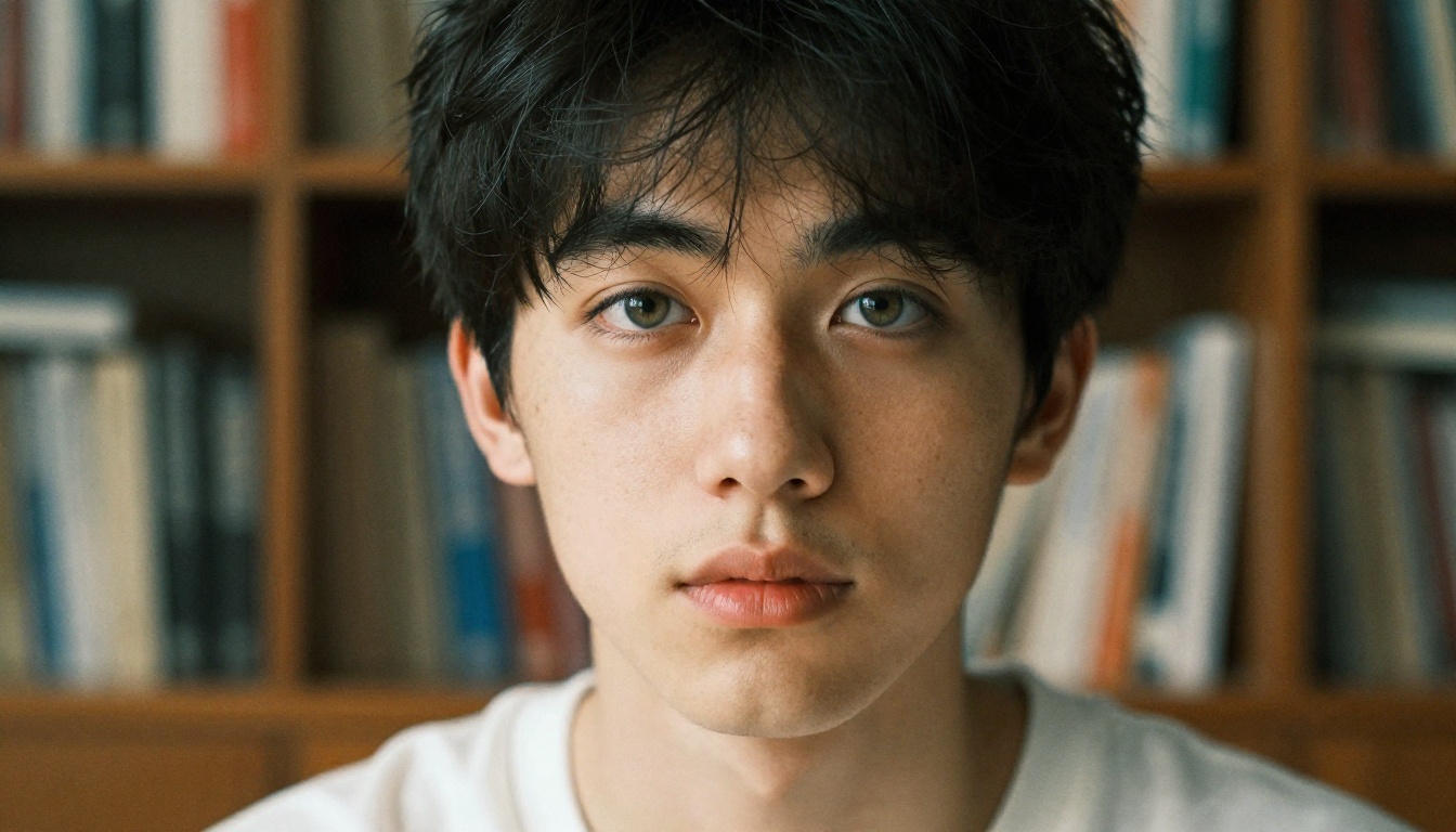 Photorealistic close-up portrait of an anime-inspired male character with sharp features and warm hazel eyes