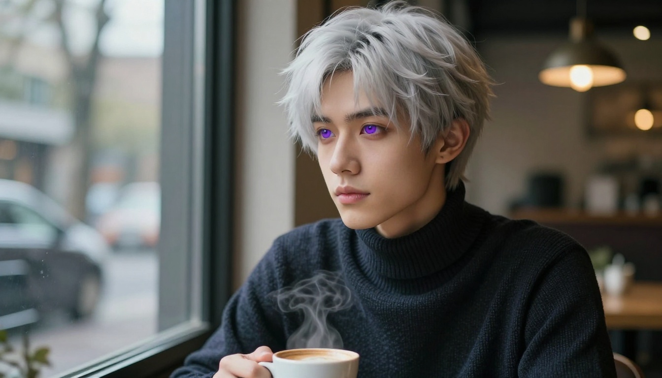 Photorealistic portrait of a silver-haired young man with anime aesthetics sitting at a cafe