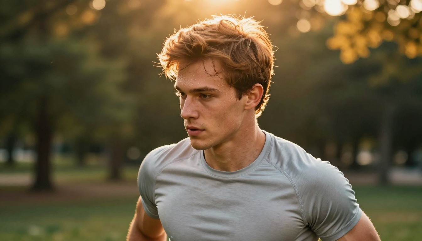 Athletic anime-inspired young man outdoors at golden hour with warm backlighting