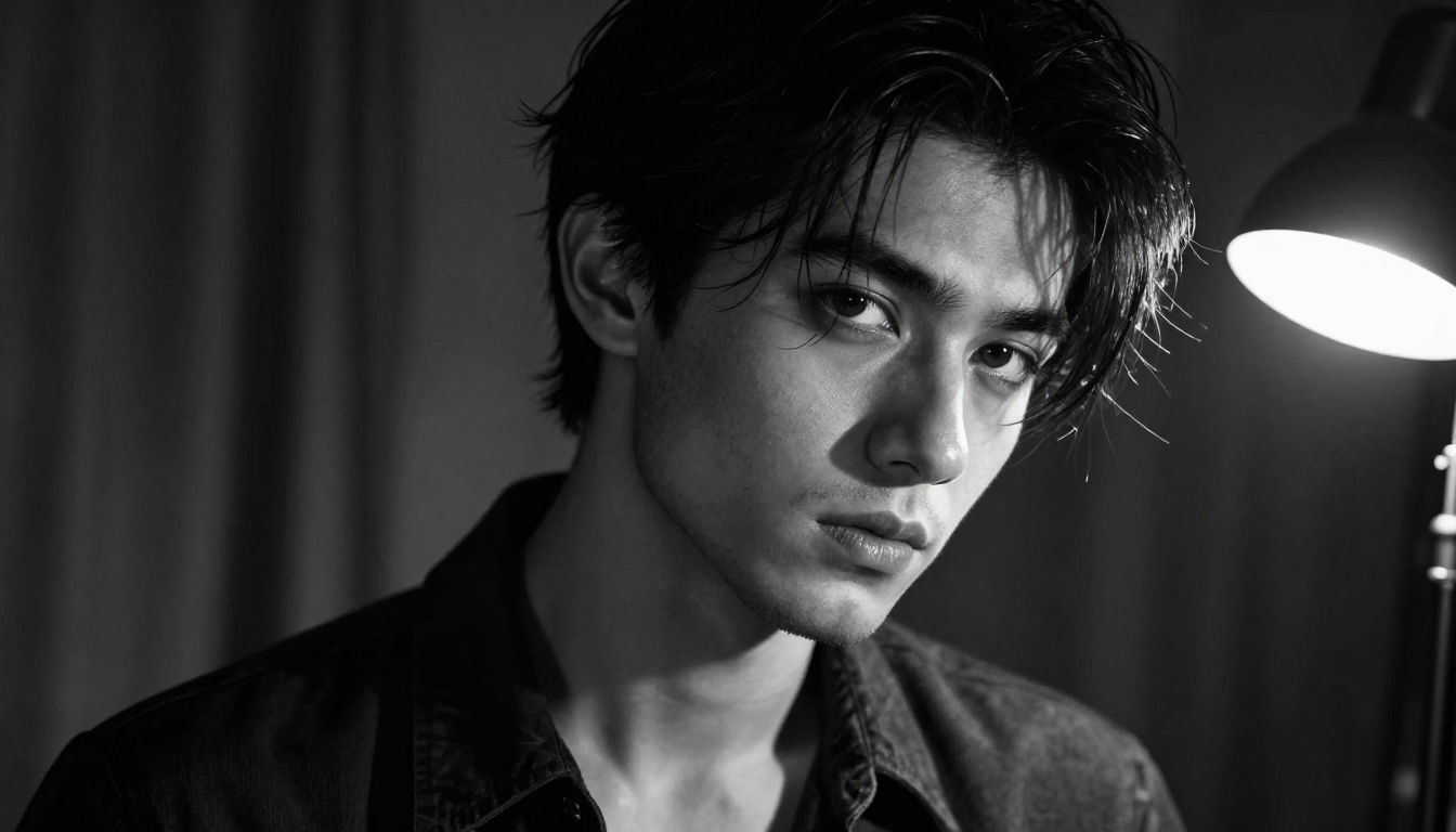 Dark brooding anime-inspired male character in dramatic Rembrandt lighting