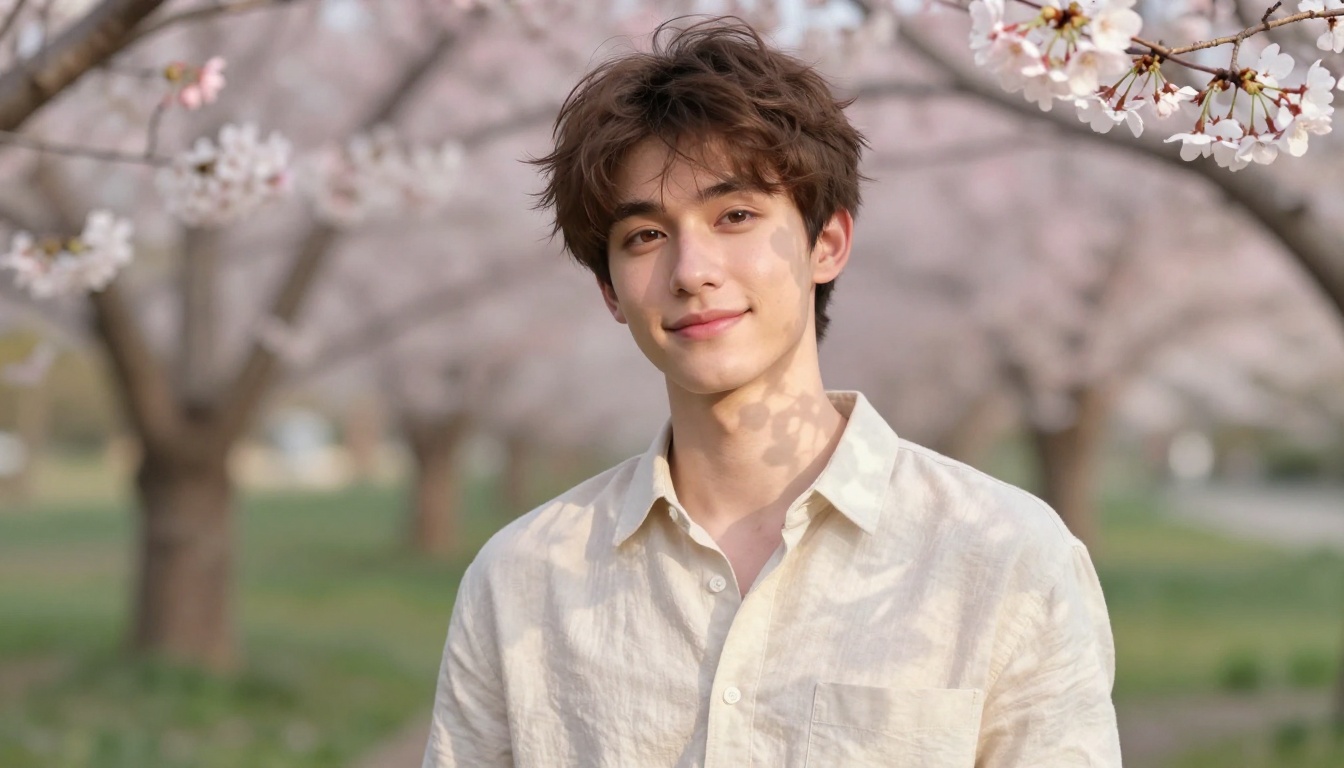 Romantic anime-inspired young man in a cherry blossom garden with warm dappled light