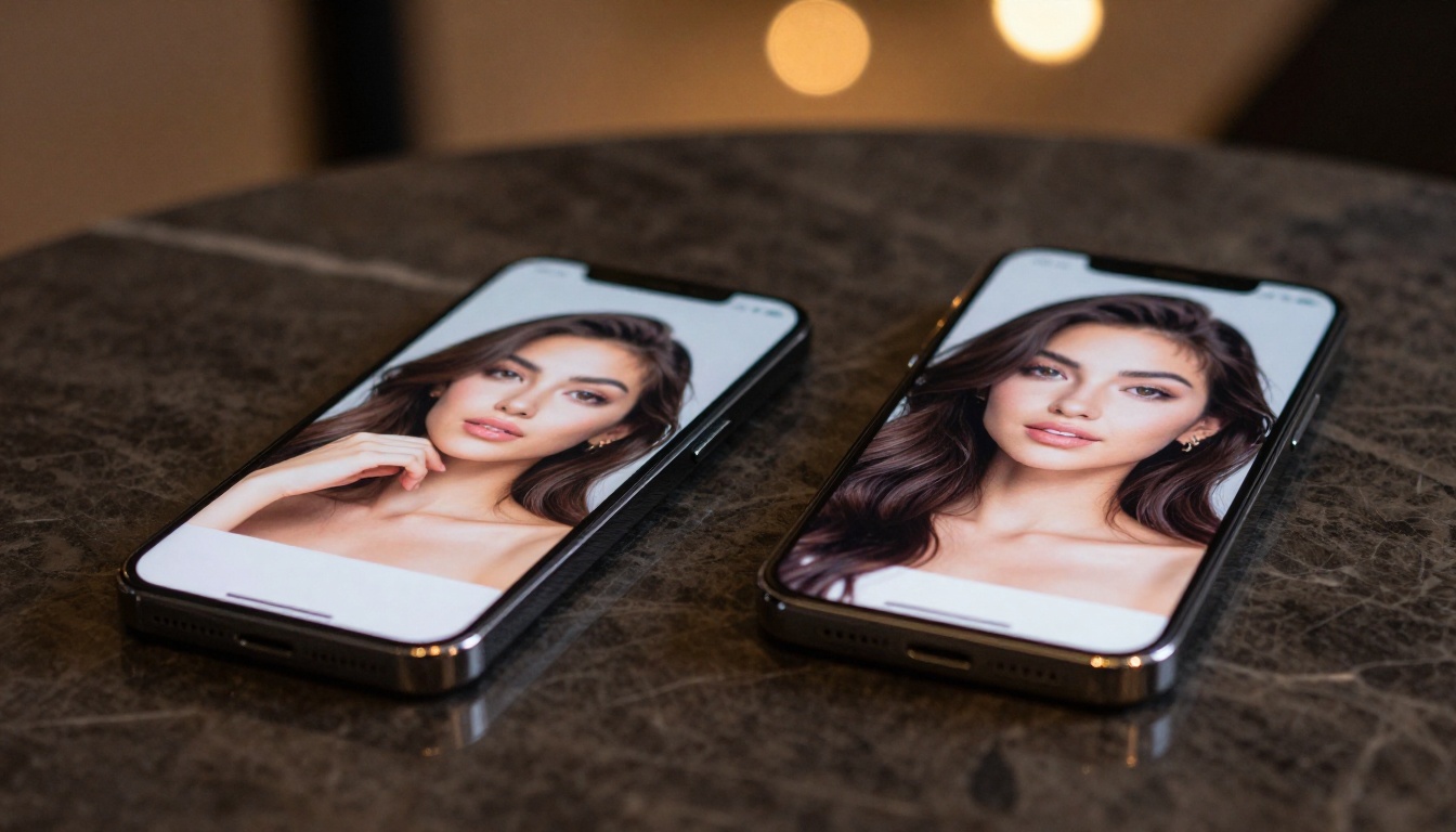 Two smartphone screens displaying AI-generated portrait comparisons side by side on a dark marble surface