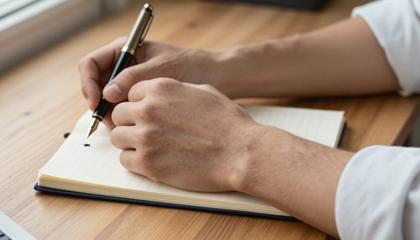 Macro detail shot of hands and forearms at a writing desk, warm natural window light