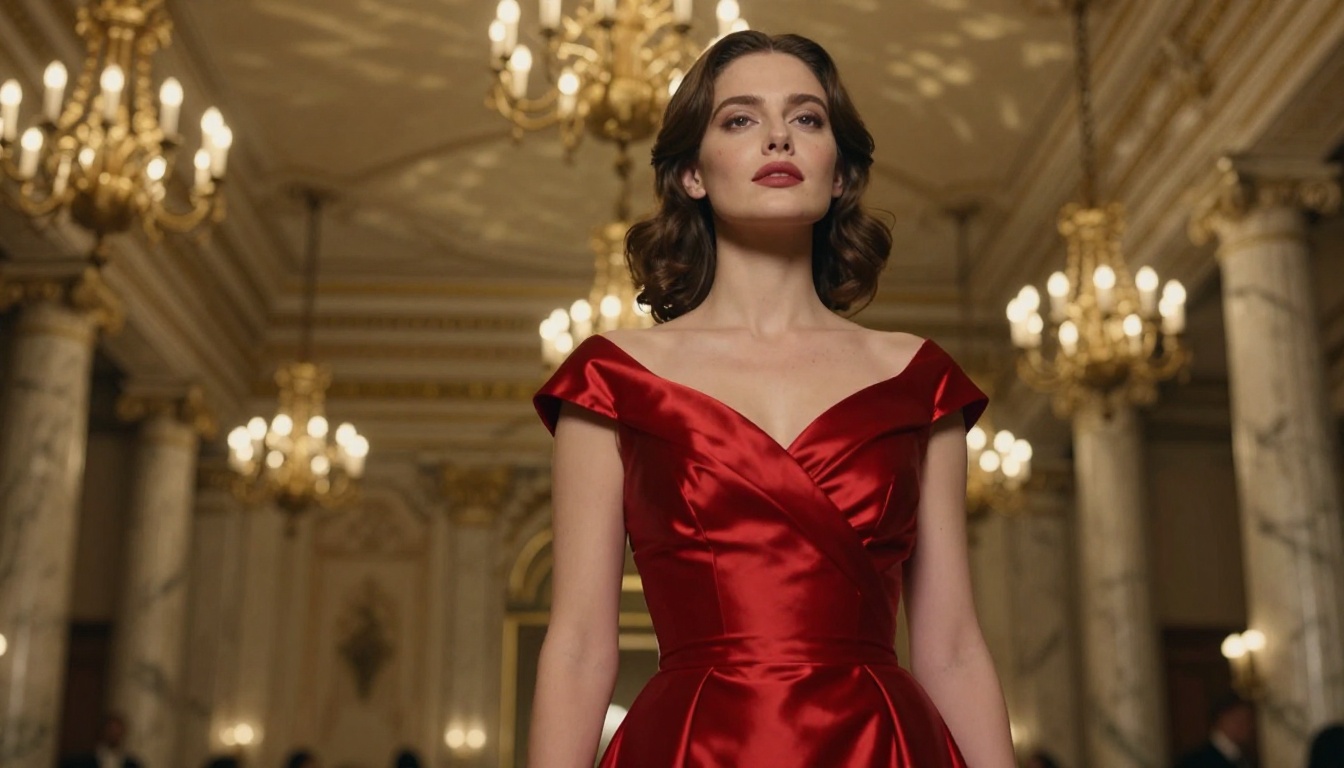 Elegant woman in a vintage red satin gown in a grand art deco ballroom, low-angle shot with dramatic tungsten chandeliers overhead