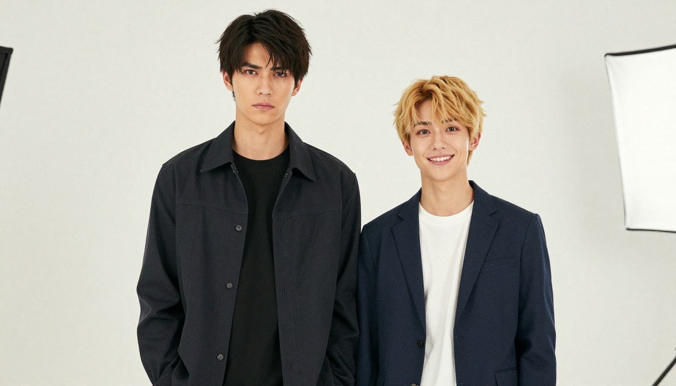 Two distinct anime-inspired male characters in studio lighting for character comparison
