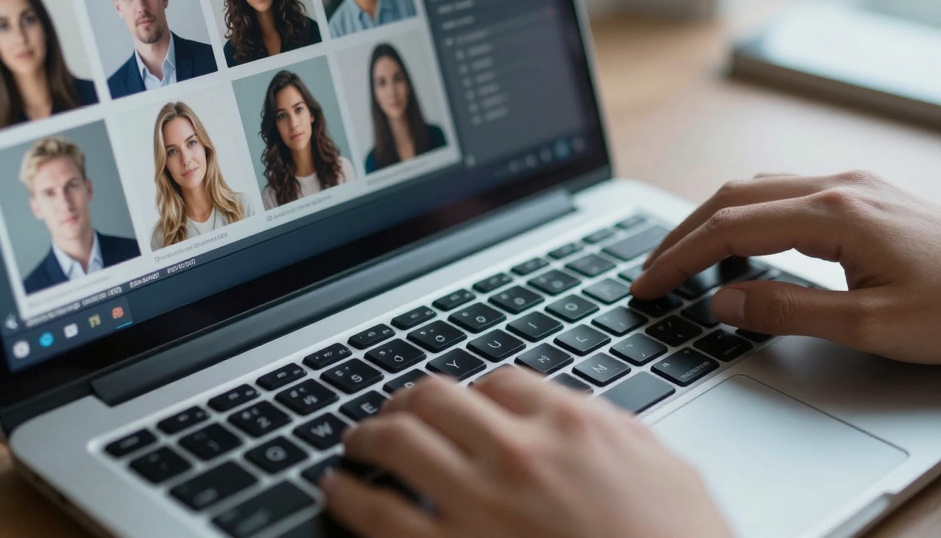 Laptop keyboard with AI image generation interface showing photorealistic portrait grid on screen, warm natural window light