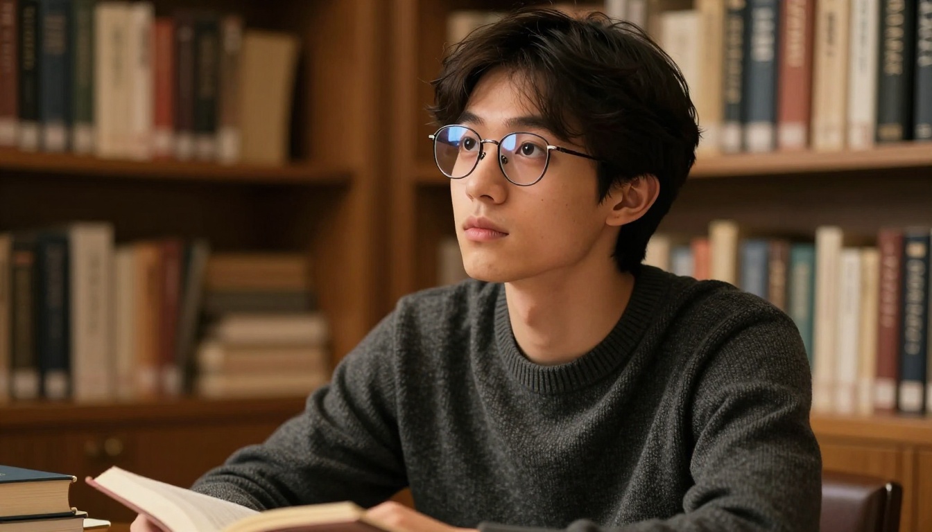 Intellectual anime-inspired man with wire-frame glasses reading in a warm library